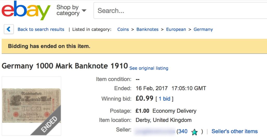 completed sale on Ebay for a 1910 dated 1000 mark banknote