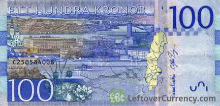 100 Swedish Kronor banknote (Greta Garbo) reverse accepted for exchange