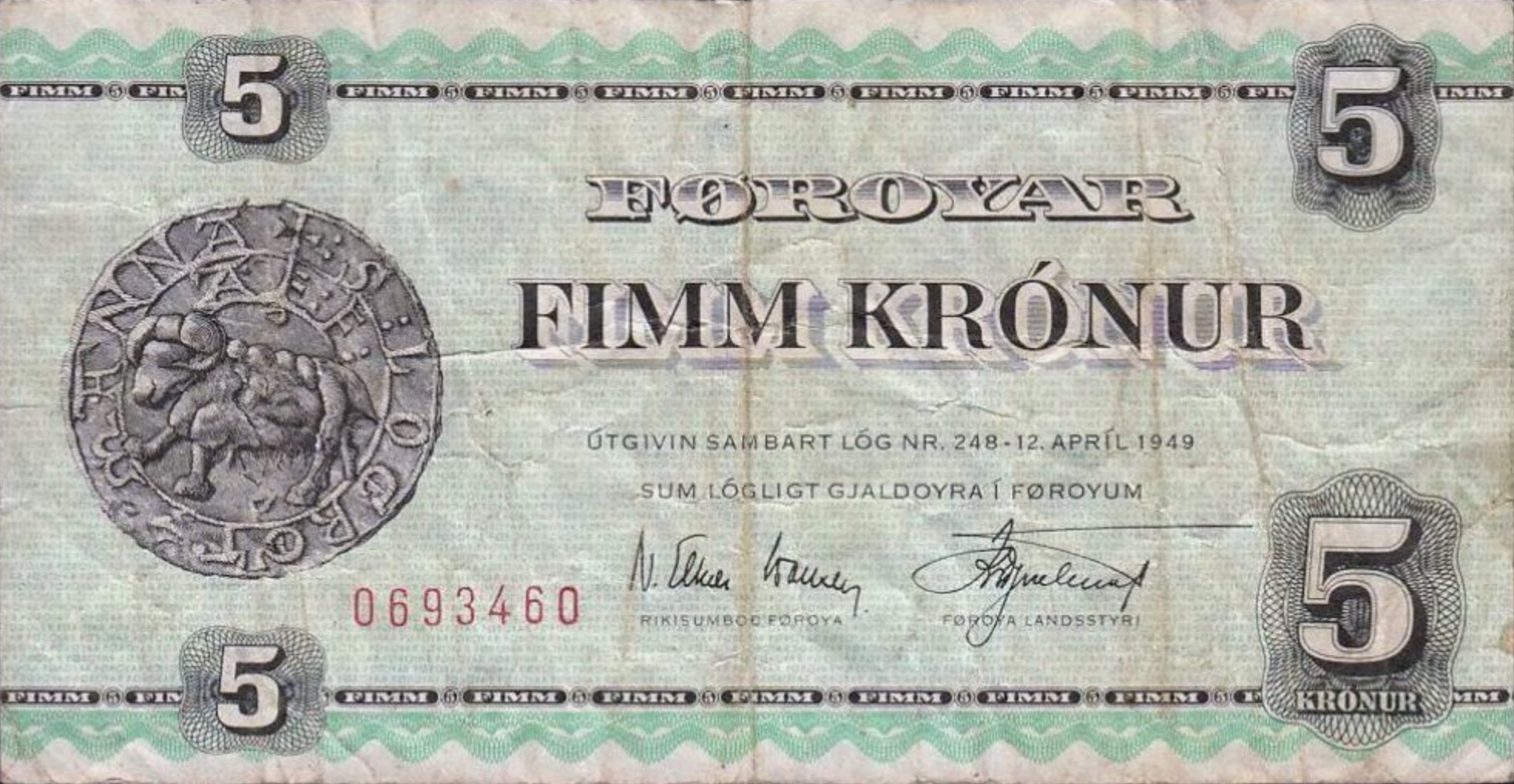 5 Faroese Kronur banknote 1949