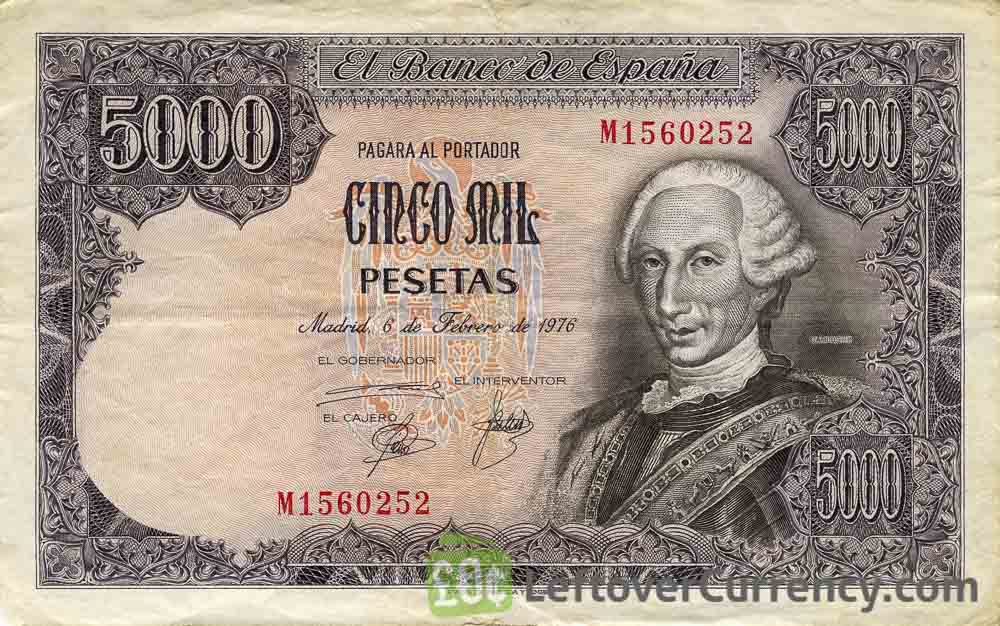 5000 Spanish Pesetas banknote King Carlos III Exchange yours today