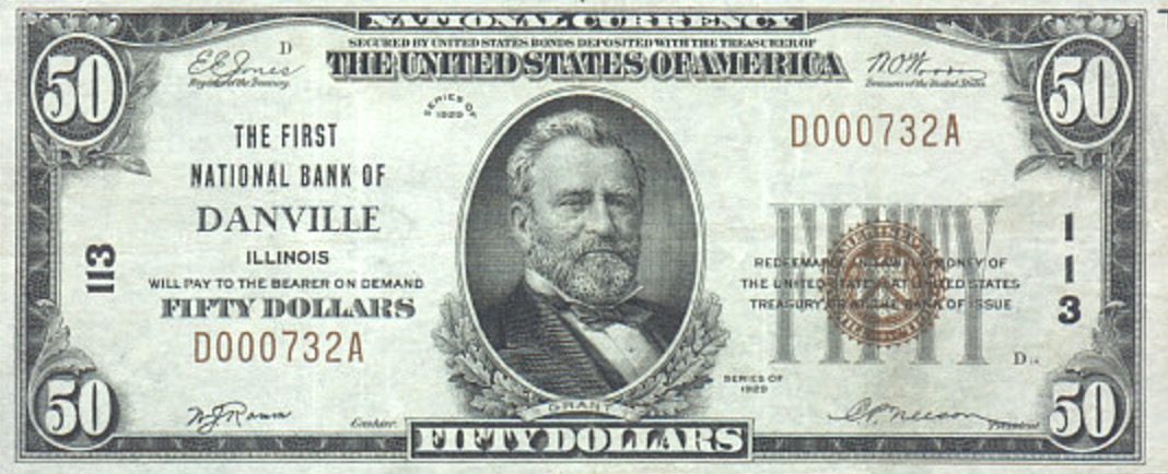 Fifty dollars national currency banknote brown seal