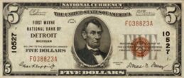 Five Dollars National Currency banknote brown seal