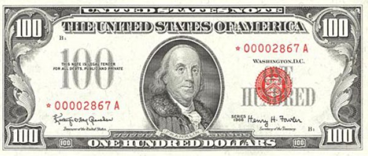 One hundred dollars united states note red seal