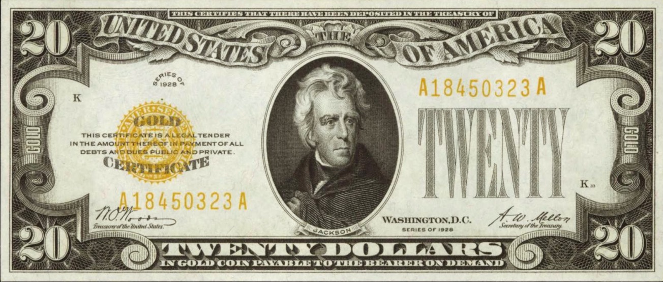 Twenty Dollars Gold Certificate yellow seal