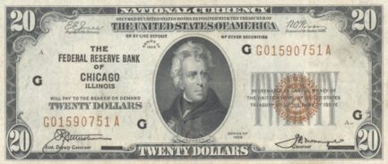 Twenty Dollars National Currency banknote brown seal