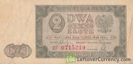 2 old Polish Zlote banknote (1948 issue) obverse accepted for exchange