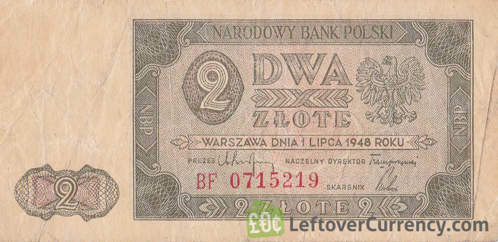 2 old Polish Zlote banknote (1948 issue) obverse accepted for exchange