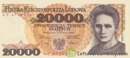 20000 old Polish Zloty banknote (Maria Skłodowska-Curie) obverse accepted for exchange