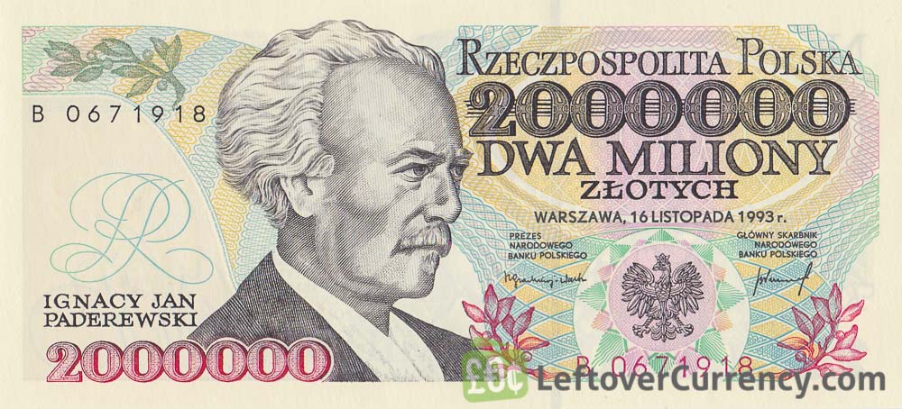 2000000 old Polish Zlotych banknote (Ignacy Jan Paderewski) obverse accepted for exchange