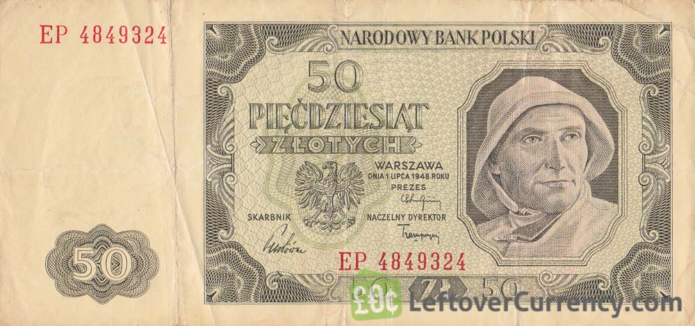 50 old Polish Zlotych banknote (1948 issue) obverse accepted for exchange