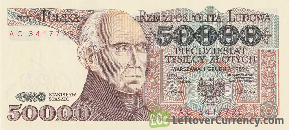 50000 old Polish Zloty banknote (Stanisław Staszic) obverse accepted for exchange