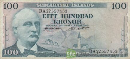 100 Icelandic Kronur banknote (Tryggvi Gunnarsson) obverse accepted for exchange