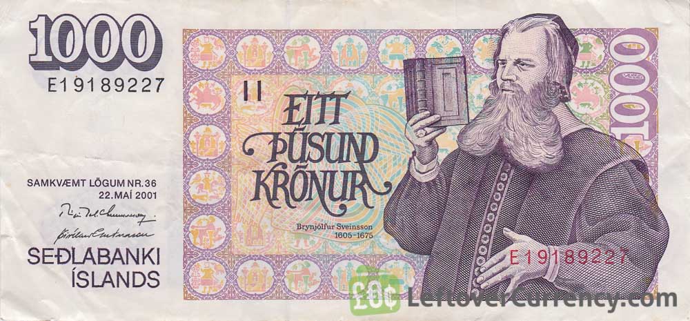 1000 Icelandic Kronur banknote (types 1961 or 1986) obverse accepted for exchange