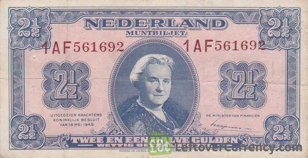 2 1/2 Dutch Guilders banknote (Muntbiljet 1945) obverse accepted for exchange