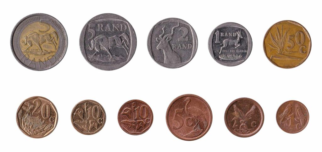 South African rand and cent coins