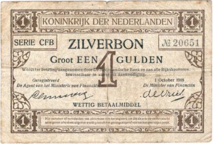 Zilverbon 1 Dutch Guilder banknote WWI