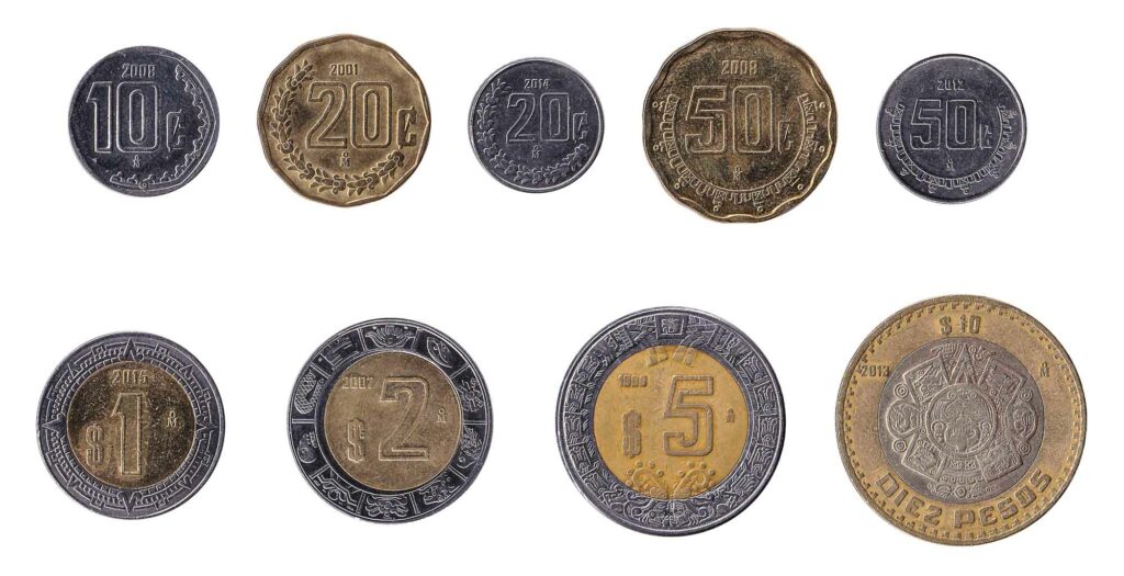 Mexican Pesos and Centavos coins