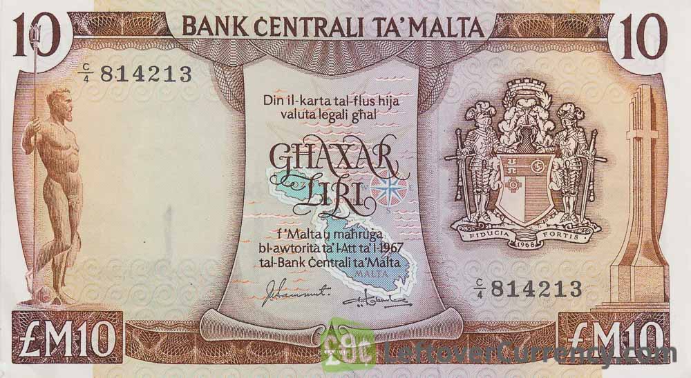 10 Maltese Liri banknote (2nd Series) obverse accepted for exchange