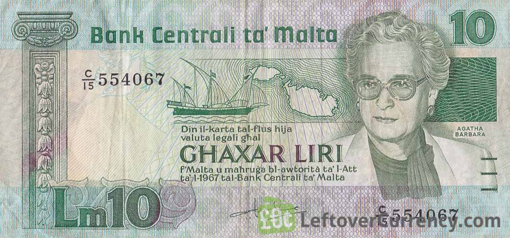 10 Maltese Liri banknote (Agatha Barbara)