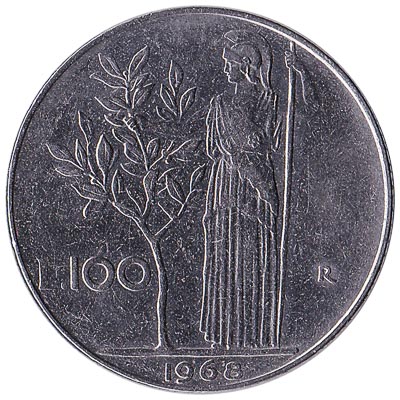 100 Italian Lire coin (Minerva large type)