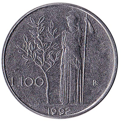 100 Italian Lire coin (Minerva small type)