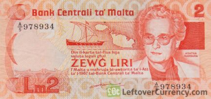2 Maltese Liri banknote (Agatha Barbara) obverse