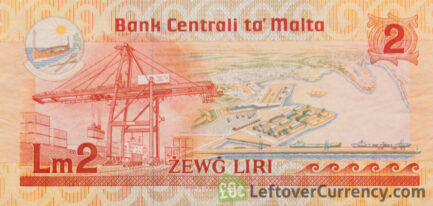 2 Maltese Liri banknote (Agatha Barbara) reverse