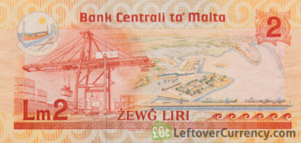 2 Maltese Liri banknote (Agatha Barbara) reverse