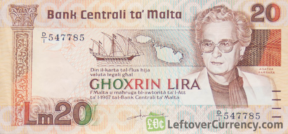 20 Maltese Liri banknote (Agatha Barbara) obverse