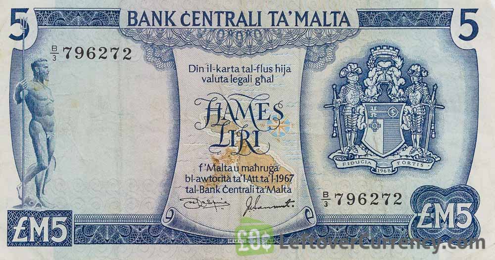 5 Maltese Liri banknote (2nd Series) obverse accepted for exchange