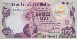 5 Maltese Liri banknote (3rd Series) obverse