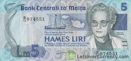 5 Maltese Liri banknote (Agatha Barbara)