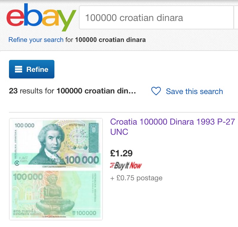 100000 Croatian dinara collectable value Ebay