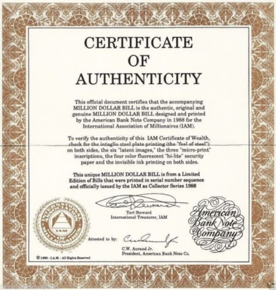 Certificate of Authenticity $1 Million dollars