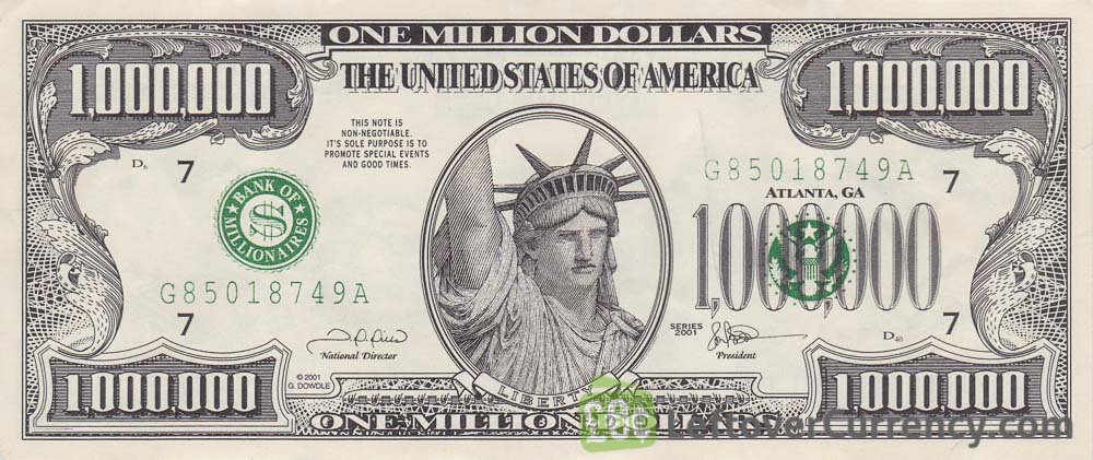 ONE MILLION DOLLARS Bill Lady Liberty series 2001 Novelty Or Pretend Money U.S 