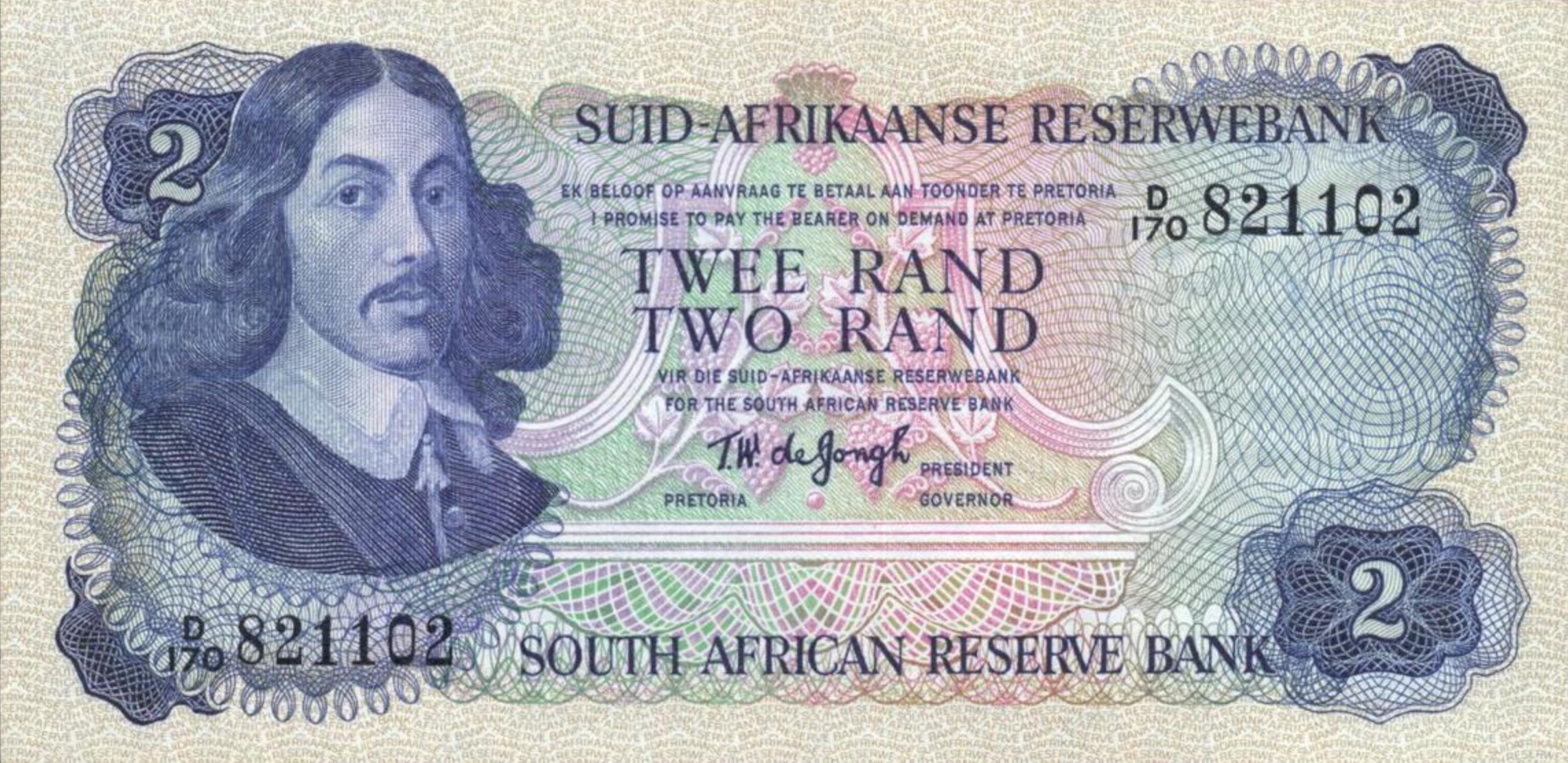 2 South African Rand banknote (van Riebeeck 1974 issue)