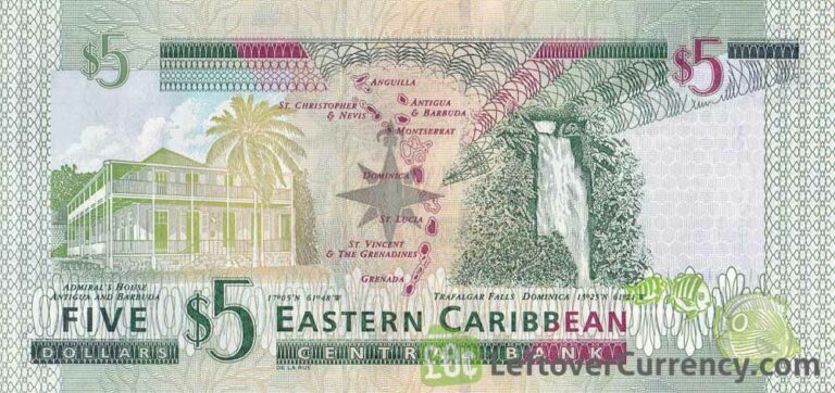 Text Reverse App 5 Eastern Caribbean dollars banknote - Exchange yours for cash today