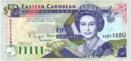 50 Eastern Caribbean dollars banknote (first issue purple)
