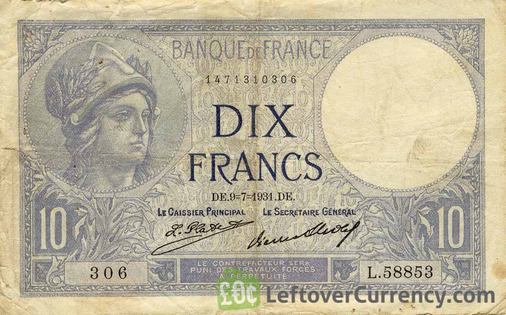 10 French Francs banknote (Minerva)