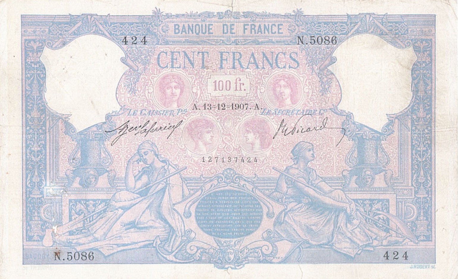 100 French Francs banknote (Bleu et Rose)