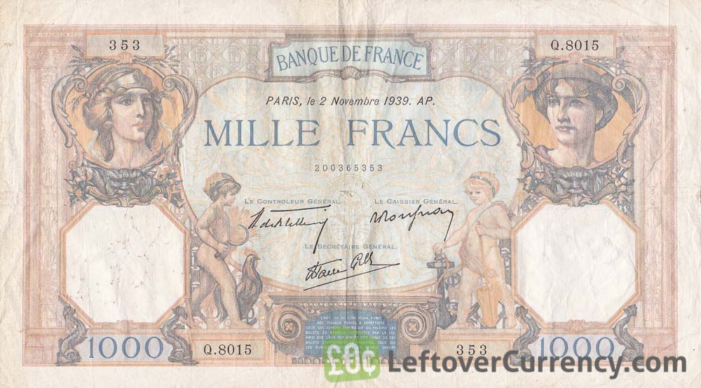 1000 French Francs banknote (Cérès et Mercure)
