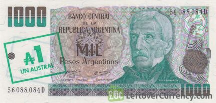 1 Austral overprint on 1000 Pesos Argentinos banknote