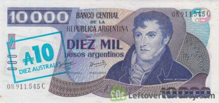 10 Australes overprint on 10000 Pesos Argentinos banknote