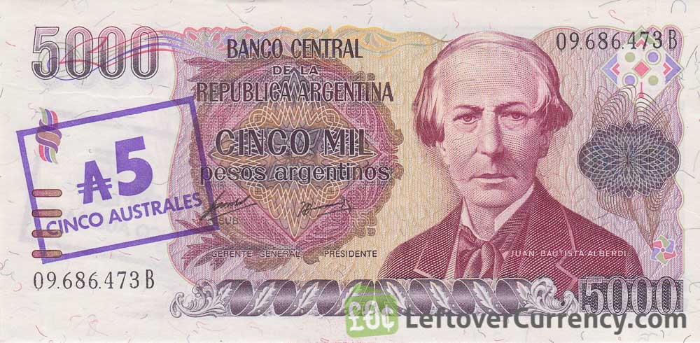 5 Australes overprint on 5000 Pesos Argentinos banknote
