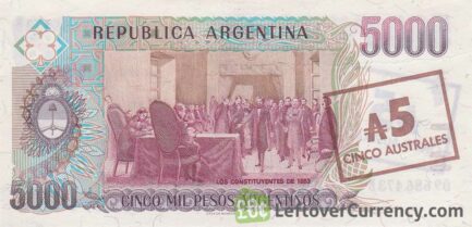 5 Australes overprint on 5000 Pesos Argentinos banknote