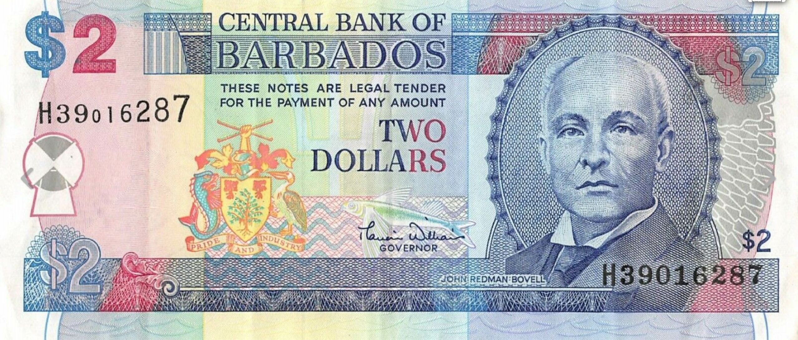 2 Barbados Dollars banknote (National Heroes Square)