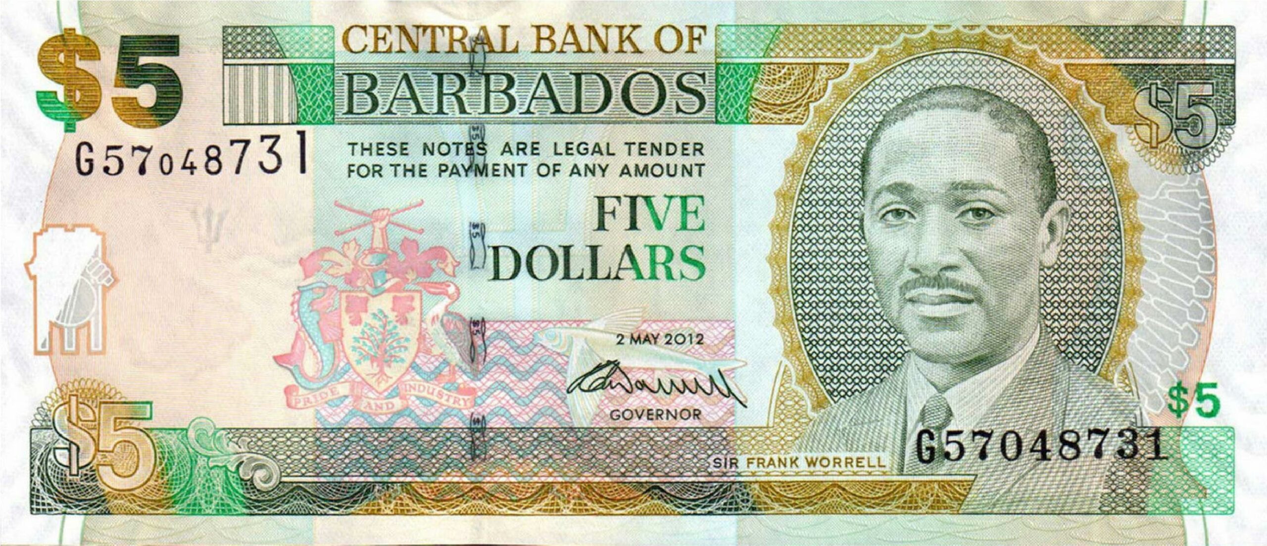 5 Barbados Dollars banknote (National Heroes Square)