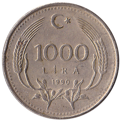 1000 lira coin Turkey 1990 reverse