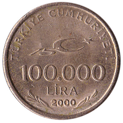 100,000 lira coin Turkey 2000 obverse