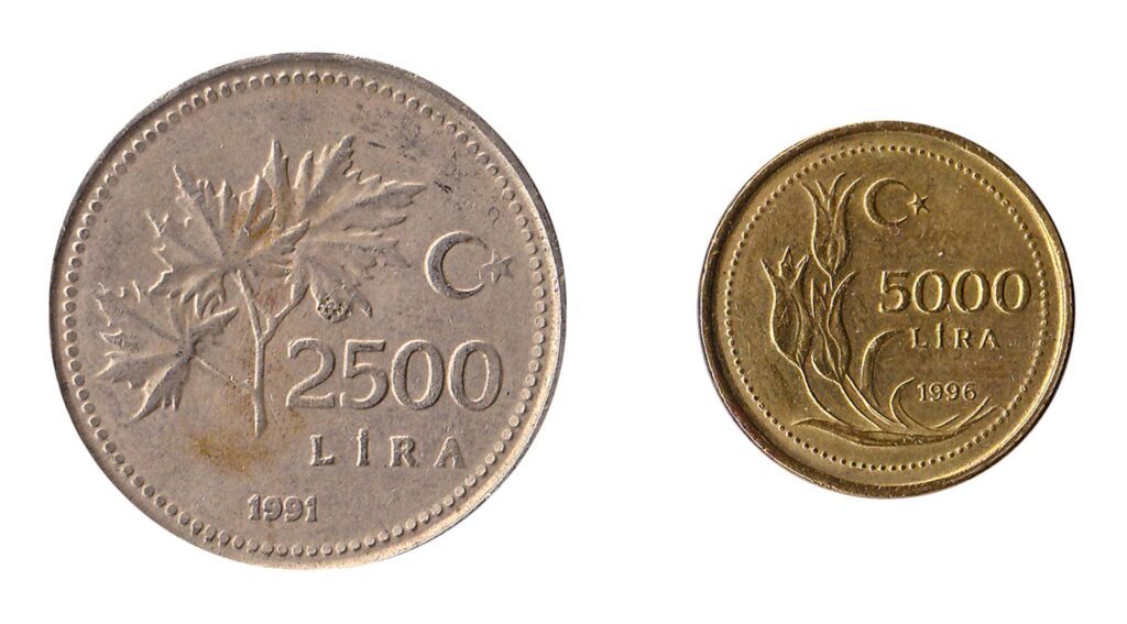 Turkish 2500 Lira and 5000 Lira inflation coins